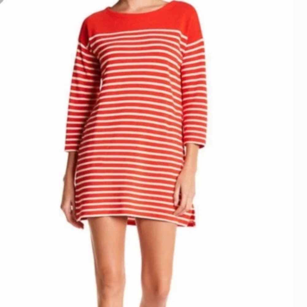 J. Crew Cotton Shift Dress POCKETS Tomato Red White Stripes Preppy Comfy